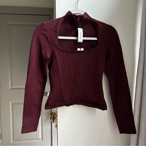 NWT Babaton Florine Sculpt Knit Rich Maroon Long Sleeve Cutout Crop Top